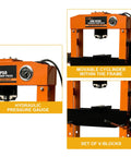 Pro Grade 50 Ton Hydraulic Shop Press With Floor Plates for Garage Pros Heavy Duty H Frame with gauges and V-blocks visible