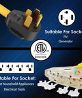 50 Amp To 20 Amp RV Power Adapter NEMA 14 50P To Four 5 20R Receptacles One And A Half Foot Cord With Dust Caps UL Listed diagram