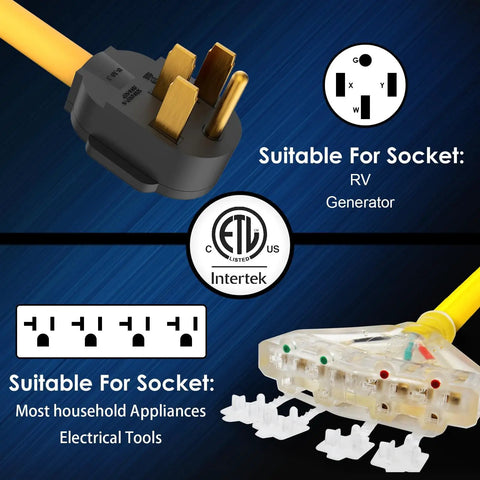 50 Amp To 20 Amp RV Power Adapter NEMA 14 50P To Four 5 20R Receptacles One And A Half Foot Cord With Dust Caps UL Listed diagram