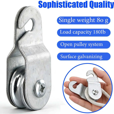 6 Pack Beefy Small Single Pulley Block Wheels With Bearings Open Close Load Up To 180 Lb Galvanized Aluminum Zinc Construction Heavy Duty Cable Pulley Set For Lifting And Rigging, close-up with rope