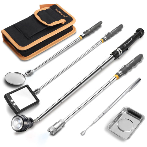 7 Piece Telescoping Magnetic Pickup Tool Set With 1 Pound And 5 Pound Magnet Sticks, 360 Degree Swivel Inspection Mirror, Parts Tray