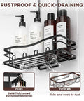 Over Showerhead Caddy With Rustproof Stainless Steel Construction Easy Install No Drilling Anti Swing Design Two Large Baskets Soap Holder And Multiple Hooks Bathroom Organizer For Shampoo Conditioner Body Wash Black, displaying black stainless steel baskets with shampoo bottles and water drainage.