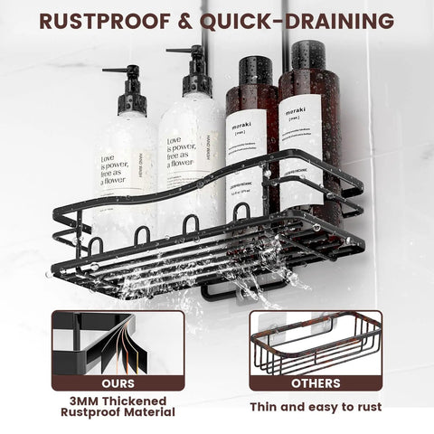 Over Showerhead Caddy With Rustproof Stainless Steel Construction Easy Install No Drilling Anti Swing Design Two Large Baskets Soap Holder And Multiple Hooks Bathroom Organizer For Shampoo Conditioner Body Wash Black, displaying black stainless steel baskets with shampoo bottles and water drainage.