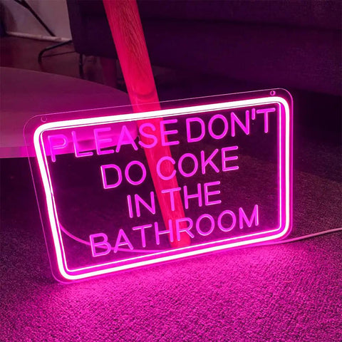 Please Dont Do Coke In The Bathroom 3D Art Carving Neon Sign Pink LED USB Wall Decor illuminated on floor, 40x27 cm.