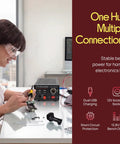Woman using Beefy 7 Amp Benchtop Power Supply For Home Lab, Regulated AC To DC Converter with 13.8 Volt DC Output in a lab