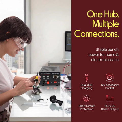 Woman using Beefy 7 Amp Benchtop Power Supply For Home Lab, Regulated AC To DC Converter with 13.8 Volt DC Output in a lab
