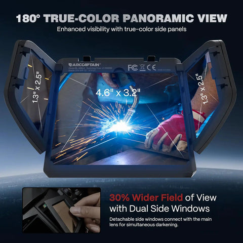 Smart Auto Shade Welding Helmet With 180 Degree Panoramic View showing true color lens and side panels in use