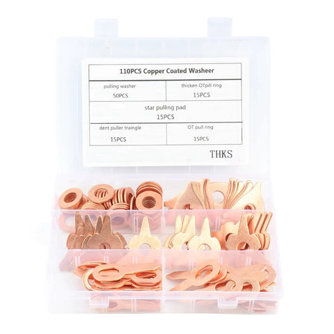 110 Piece Dent Pulling Ring Set For Car Body Repair With OT Round Pullers And Copper Plated Iron Sheet Metal Puller Kit, Versatile Welding Repair Tools For Fixing Dents And Dings On Your Ride. Copper-coated 110-piece kit in plastic case for auto body dent repair