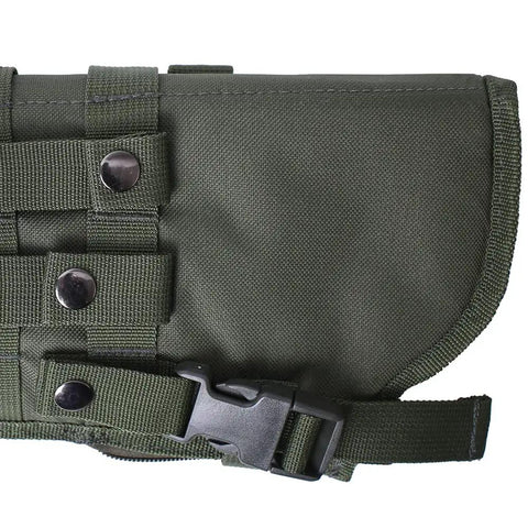 Close-up of 34 Inch Tactical Shotgun Scabbard And Rifle Holster For Shoulder Carry With Ambidextrous PALS Straps D Ring Mount Points And Green 600D Exterior