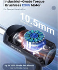 X6 Ultra Massage Gun With Heat And Infrared Light Titanium Head showing brushless motor, 10.5mm amplitude and 55 lbs force