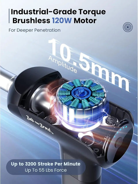 X6 Ultra Massage Gun With Heat And Infrared Light Titanium Head showing brushless motor, 10.5mm amplitude and 55 lbs force