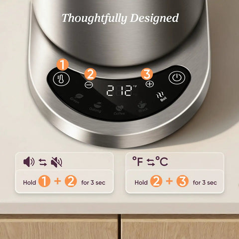 Fast Boiling 1.7L Electric Kettle With Plastic Free Interior And 5 Presets For Tea And Coffee, control panel display