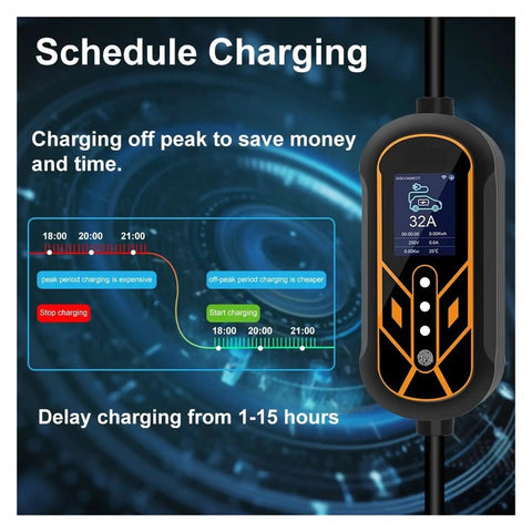 Smart app scheduling feature displayed on a Portable Type 2 Electric Car Charger for Road Tripping Made Simple With This Portable Type 2 Electric Car Charger Featuring Smart App Scheduling And Adjustable Amps For Blazing Fast 7KW Charging Anywhere At Home Or On The Go Hassle Free Design.