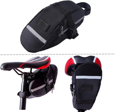 All In One Bike Repair Kit With 210 PSI Mini Pump And 10 In 1 Multi Tool Including Chain Breaker Glueless Patches Tire Levers Bag on bike.