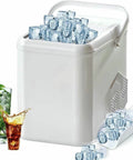 Electric Countertop Ice Maker Featuring Self Cleaning Tech And Rapid Bullet Cube Production In Just Six Minutes, with ice cubes.