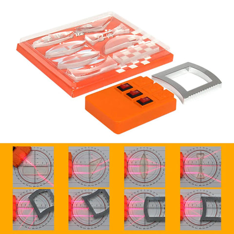 Slick Physics Optics Lab Kit With Adjustable Three Way Light Source And Heavy Duty Convex Lenses Plus Prisms for science projects.
