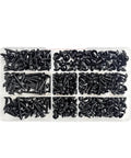 340 Piece Self Tapping Screws Pan Head Cross Recessed Heavy Duty Black Carbon Steel Assorted Kit displayed in a clear organizer tray.
