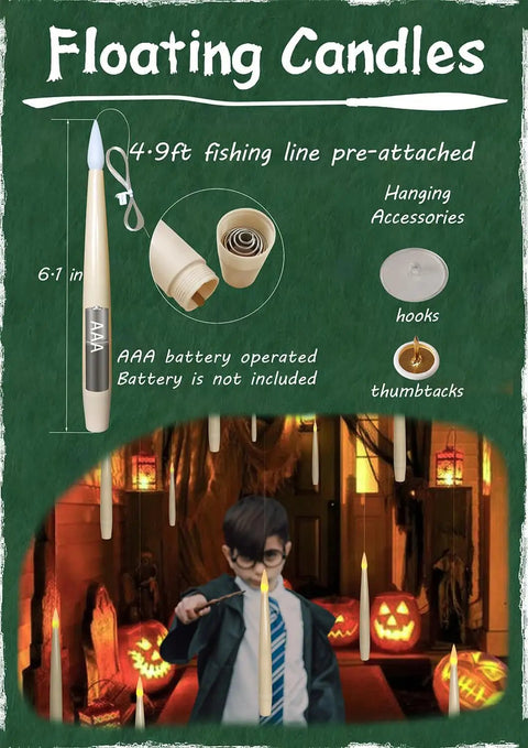 Six Pack Flameless Floating Candles With Magic Wand Remote For Halloween And Christmas Decor, hanging with accessories