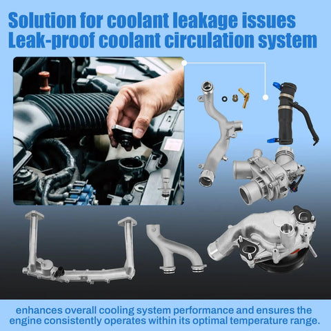 Heavy Duty Billet Aluminum Coolant Pipe Kit Upgrade For Jaguar F Type F Pace components displayed with installation in vehicle engine.