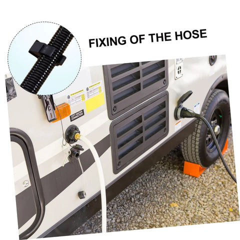 Installed WOONEKY hose holder set on camper exterior; 10 black deep-cradle pipe brackets for hoses.
