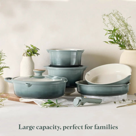 Gradient green pots and pans from Titanium Nonstick 20 Piece Cookware Set With Detachable Handles Workhorse Built To Last.