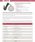 SCR3310v2.0 USB Smart Card Reader shown with cable attached on product data sheet with specifications.