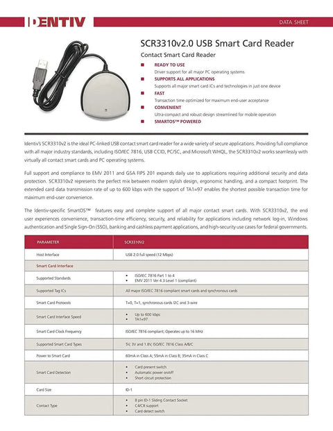 SCR3310v2.0 USB Smart Card Reader shown with cable attached on product data sheet with specifications.