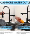 Top Shelf Matte Black Kitchen Faucet With Pull Down Sprayer Featuring Killer Dual Spray Functions And Lead Free Nsf Certified Build Perfect For Farmhouse Rv Camper Laundry Sinks With Smooth Flow Aerators in dual mode, showing spray and stream functions.