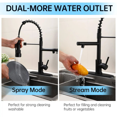 Top Shelf Matte Black Kitchen Faucet With Pull Down Sprayer Featuring Killer Dual Spray Functions And Lead Free Nsf Certified Build Perfect For Farmhouse Rv Camper Laundry Sinks With Smooth Flow Aerators in dual mode, showing spray and stream functions.