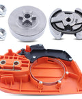 Chainsaw Chain Brake Assembly And Three Eighths Inch Six Tooth Sprocket Clutch Drum Kit For 235 236 240 235E 240E 236E Chainsaws Replacement Clutch Side Cover Professional Grade Durable Easy Install Parts Kit showing orange clutch cover and metal sprocket. 