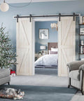 Heavy Duty Barn Door Track Kit With Hook Hanger And Smooth Guide Rail Roller System Rust Resistant Sliding Door Hardware Set visible installed in home