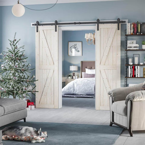 Heavy Duty Barn Door Track Kit With Hook Hanger And Smooth Guide Rail Roller System Rust Resistant Sliding Door Hardware Set visible installed in home
