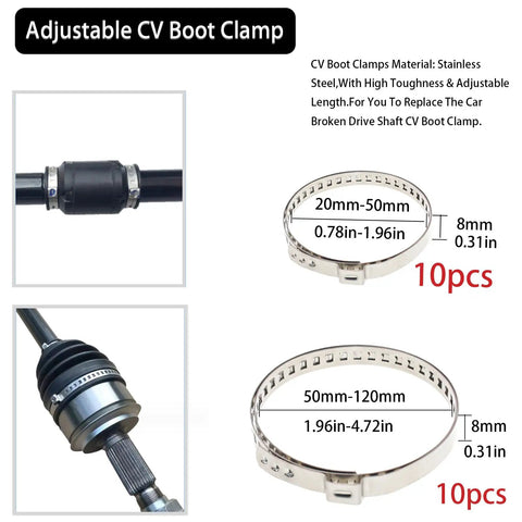 Universal 22-Piece CV Joint Boot Clamp Pliers Kit For Cars, ATVs, And UTVs, Includes Clamp Tool For Installing CV Boots, Fuel Filters, Water Pumps, Cooling System Hoses, And More Maintenance Essentials. Stainless steel adjustable CV boot clamps, 10 pcs, 20-50mm and 50-120mm