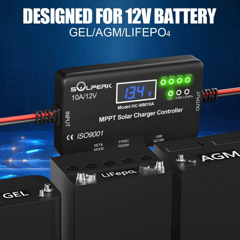 MPPT 10A 12V Solar Charge Controller with LCD Display and USB Type C output for Lead Acid Gel AGM and LiFePO4 Batteries
