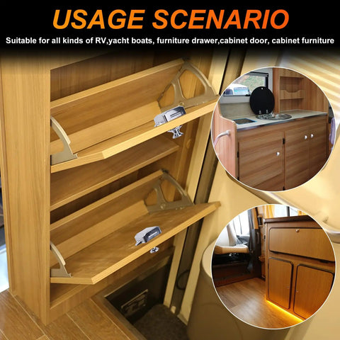 Five Pack Push Button Cabinet Latch Locks for RVs and Home installed on wooden cabinets, showcasing keyless use in RV and yacht space.