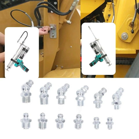 130 Piece Hydraulic Grease Fitting Kit With 12 SAE Zerk Nipples Galvanized Brass Labeled Storage Case in use on machinery