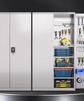 Heavy Duty Pegboard Tool Cabinet With Lockable Doors And Deep Shelves your rock solid shop staple wall or floor standing secure storage rack for pro grade tool gear with tools organized inside.
