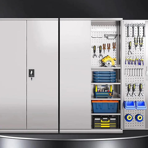 Heavy Duty Pegboard Tool Cabinet With Lockable Doors And Deep Shelves your rock solid shop staple wall or floor standing secure storage rack for pro grade tool gear with tools organized inside.