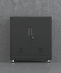 Front view of Sturdy Metal Storage Cabinet With Locking Doors And Adjustable Shelves Perfect Lockable Sideboard For Your Home Office Hallway Entryway Living And Dining In Black against concrete wall.