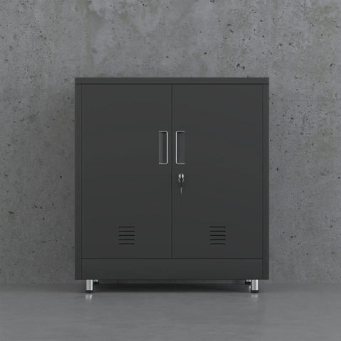 Front view of Sturdy Metal Storage Cabinet With Locking Doors And Adjustable Shelves Perfect Lockable Sideboard For Your Home Office Hallway Entryway Living And Dining In Black against concrete wall.