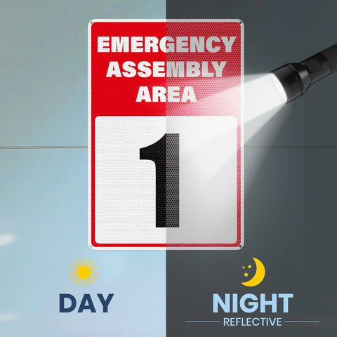 Two Pack Emergency Assembly Area Signs 18 By 12 Inches Aluminum Reflective Safety Signage With Pre Drilled Holes For Business Construction Site Warehouse And Evacuation Guidance, showing day and night visibility.