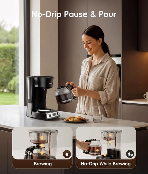 Woman using 12 Cup Drip Coffee Maker With Electric Grinder Combo, Programmable 24 Hour Brew Timer, Auto Shutoff on kitchen counter.