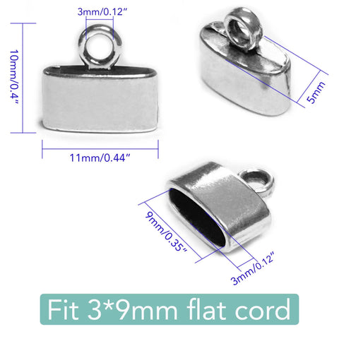 Flat Leather Cord End Caps Set, 50 Pcs Antique Silver Round Tassel with dimensions for Leather Jewelry Making, Kumihimo Kit