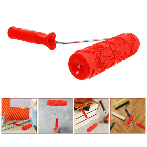 Professional Grade Slick Wood Grain Texture Paint Roller For Interior Wall Decoration showing red handle and embossed pattern.