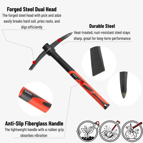Heavy Duty 15 Inch Hand Pick Axe With Forged Steel Dual Head For Weeding Mattock And Adze Hoe 1.5 Lb With Anti Slip Fiberglass Handle