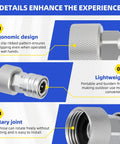 Garden Hose To Pressure Washer Adapter Three Quarter GHT To One Quarter Quick Connect shown with ergonomic and rotating joint design