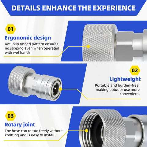 Garden Hose To Pressure Washer Adapter Three Quarter GHT To One Quarter Quick Connect shown with ergonomic and rotating joint design