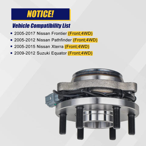 Front view of Front Wheel Bearing Hub Assembly 2 Pack For Nissan Frontier 2005-2017, Pathfinder 2005-2012, Xterra 2005-2015, Suzuki Equator 2009-2012 With 6 Lug Bolts And ABS 4WD Ready