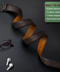 Men's Genuine Leather Belt For Dress Casual And Golf Looks, One And Three Eighths Inch Wide, Sauce Coffee Color, Adjustable 40 To 42 Inch Waist.