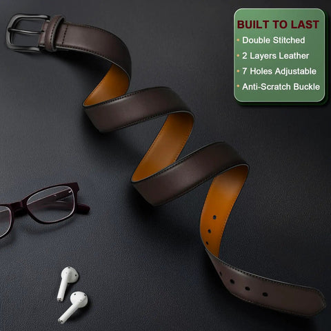 Men's Genuine Leather Belt For Dress Casual And Golf Looks, One And Three Eighths Inch Wide, Sauce Coffee Color, Adjustable 40 To 42 Inch Waist.
